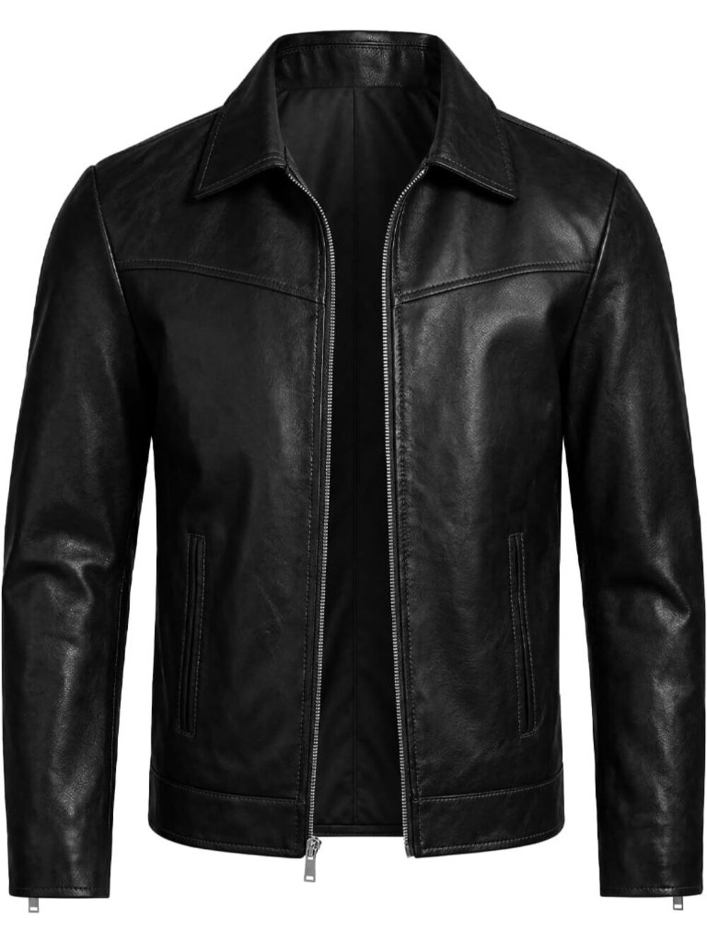 Men Black Leather Long Sleeve Zipper Cuffs Two Slant Pockets Motorcycle Jacket